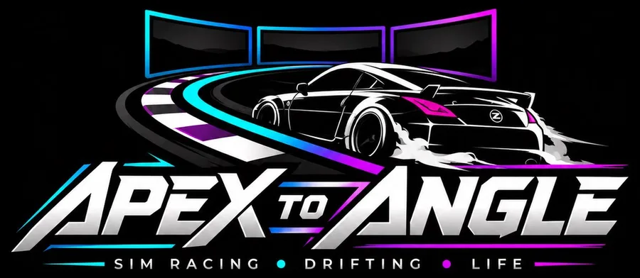 Apex to Angle logo: sim racing rig and a drifting car. Sim Racing, Drifting, Life.